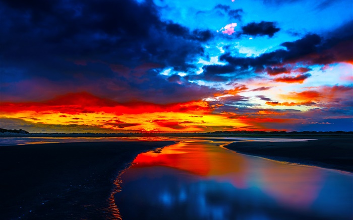 Coast Sonnenuntergang, Meer, glühen, Wolken, Dämmerung Hintergrundbilder Bilder