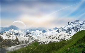 Verträumte Welt, Berge, Schnee, Fluss, planet HD Hintergrundbilder