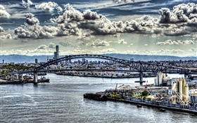 Japan Blick auf die Stadt, Wolken, Häuser, Meer, Brücke HD Hintergrundbilder