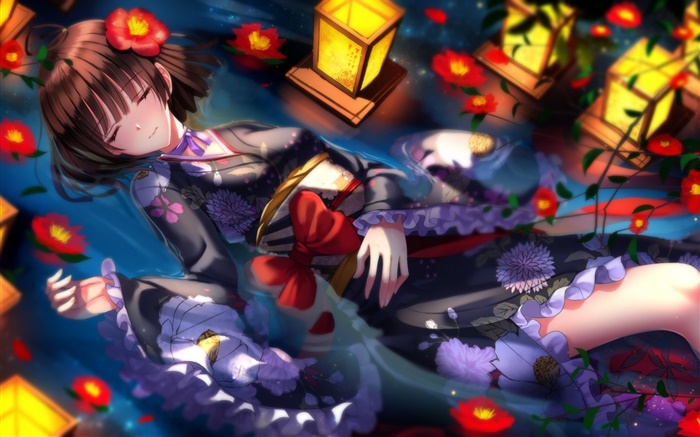 Schwert Seelen, Kimono anime Mädchen, Blumen, Nacht Hintergrundbilder Bilder