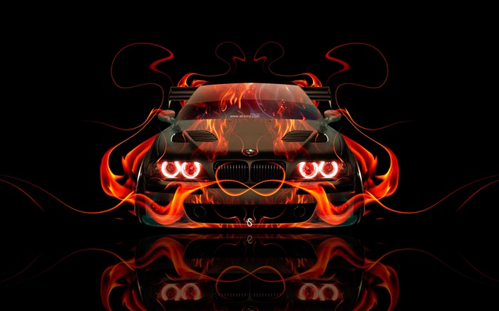 BMW orange Feuer, Auto Vorderansicht, kreatives Design Hintergrundbilder Bilder