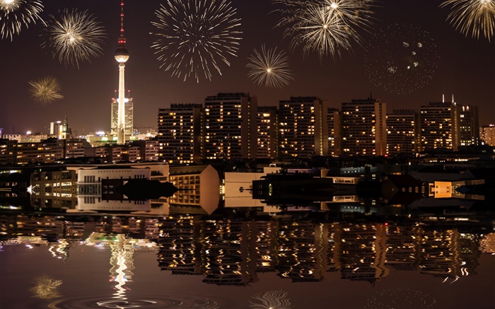 Stadtansicht, Nacht, Gebäude, Lichter, Fluss, Berlin, Deutschland Hintergrundbilder Bilder