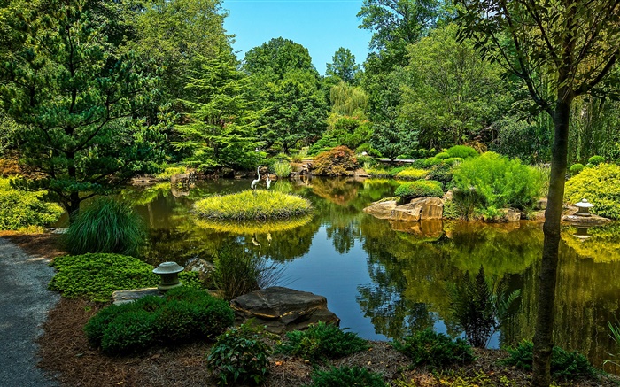 Gibbs Gardens, USA, Teich, Bäume, Gras Hintergrundbilder Bilder