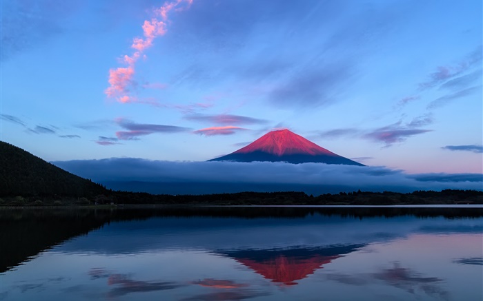 Japan, Fuji Berg am Abend, See, Wasser Reflexion Hintergrundbilder Bilder