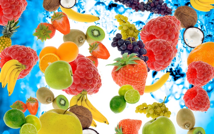 Viele Arten Früchte, Himbeeren, Bananen, Kiwi, Erdbeere, Zitrone, Apfel Hintergrundbilder Bilder