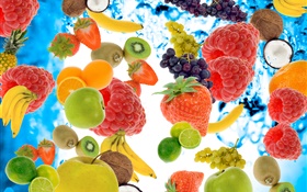 Viele Arten Früchte, Himbeeren, Bananen, Kiwi, Erdbeere, Zitrone, Apfel HD Hintergrundbilder