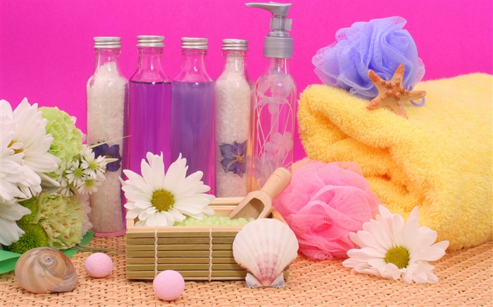 SPA, Blumen, Salz, Handtuch, Flasche Hintergrundbilder Bilder