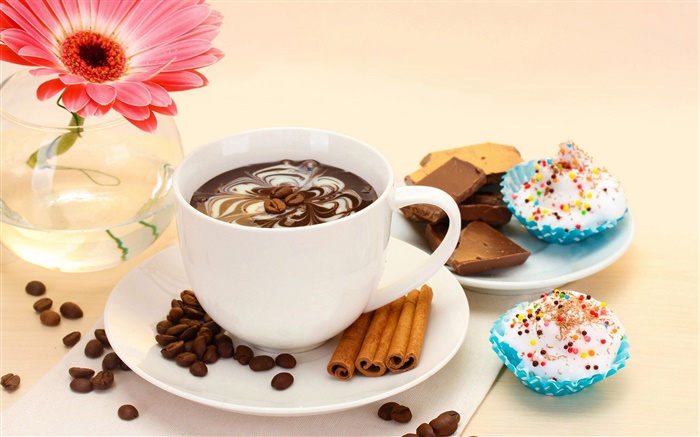 Kaffeegetränk und Kuchen, rosa Blume Hintergrundbilder Bilder