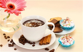 Kaffeegetränk und Kuchen, rosa Blume HD Hintergrundbilder