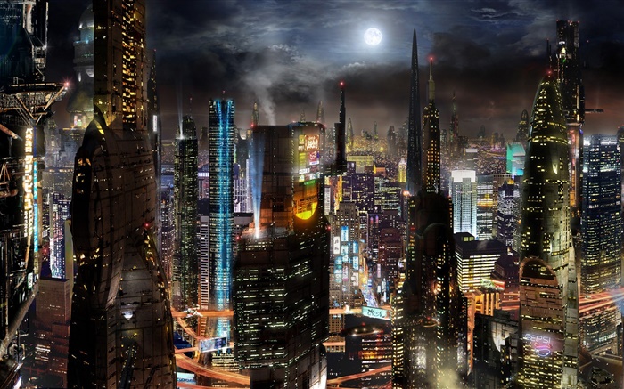 Zukunft Stadt, Wolkenkratzer, Gebäude, Straße, Nacht, Sci-Fi-kreatives Design Hintergrundbilder Bilder