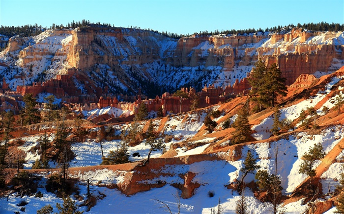 Winter Natur Landschaft, Schnee, rote Felsen Hintergrundbilder Bilder