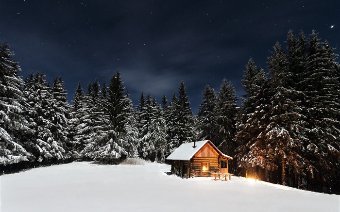 Winter, Schnee, Bäume, Nacht, Hütte Hintergrundbilder Bilder