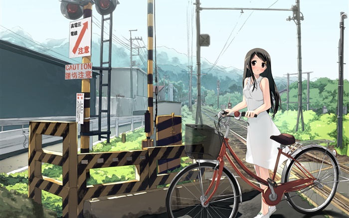 Anime Mädchen, Eisenbahn, Fahrrad, Stromleitungen Hintergrundbilder Bilder