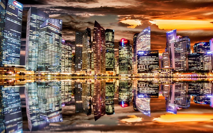 Schöne Stadt Nacht, Wolkenkratzer, Lichter, Wasser Reflexion Hintergrundbilder Bilder