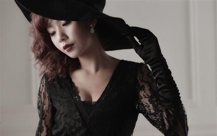 Schwarzes Kleid Asiatische Mädchen, Make-up, Handschuhe, Hut Hintergrundbilder Bilder