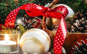 Weihnachten, Korb, Kerze, Dekoration, Nüsse, Kugeln HD Hintergrundbilder