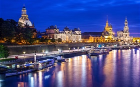Stadt, Fluss, Yachten, Häuser, Nacht, Lichter, Dresden, Deutschland