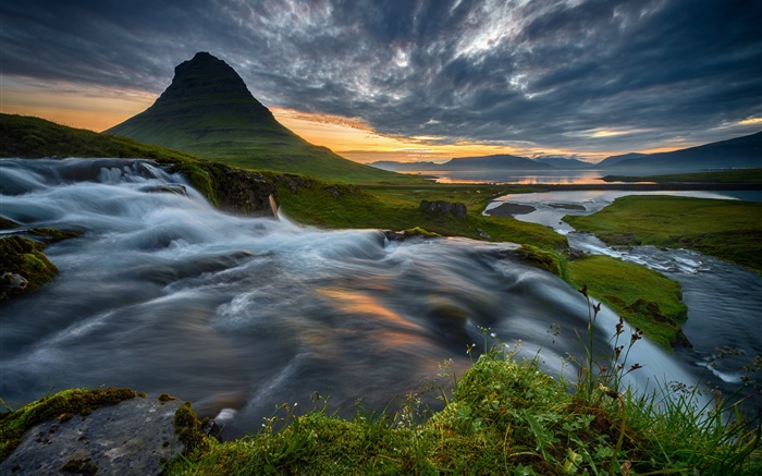 Island, Berg, Wasserfall, Wolken, Sonnenuntergang Hintergrundbilder Bilder