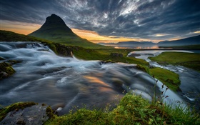 Island, Berg, Wasserfall, Wolken, Sonnenuntergang