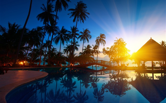 Palmen, Haus, Sonnenaufgang, Sonnenstrahlen, Meerwasser, Thailand Hintergrundbilder Bilder