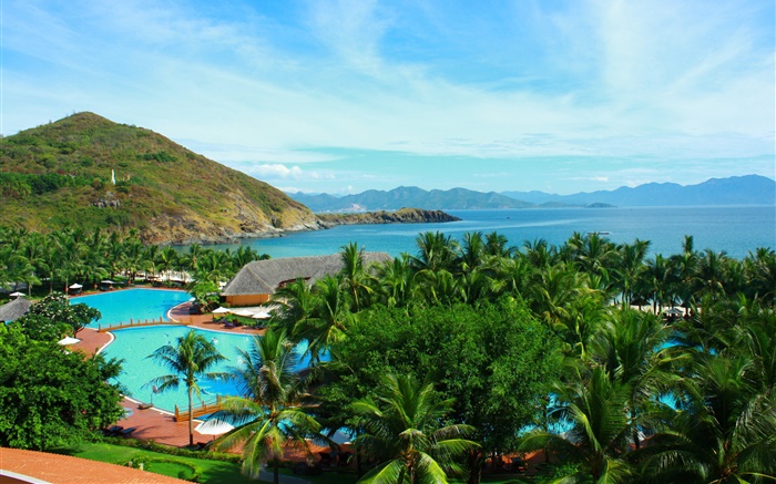 Palmen, Pool, Haus, Berge, Insel, Meer, Thailand Hintergrundbilder Bilder