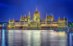 Parlamentsgebäude, Wasser Reflexion, Lichter, Budapest, Ungarn