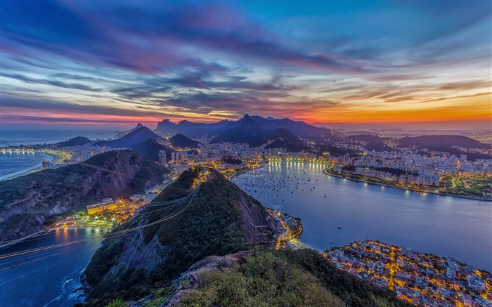 Rio de Janeiro, Seilbahn, Berge, Stadt, Küste, Nacht, Lichter Hintergrundbilder Bilder