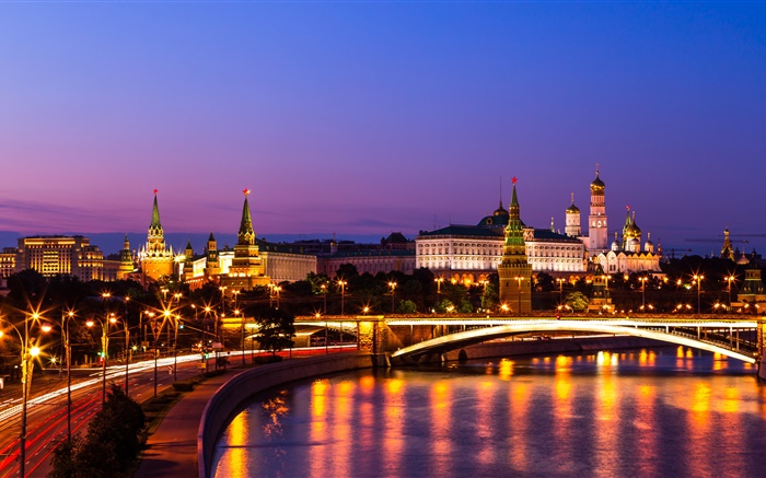 Der Kreml, Russland, Moskau, Nacht Stadt, Fluss, Lichter Hintergrundbilder Bilder