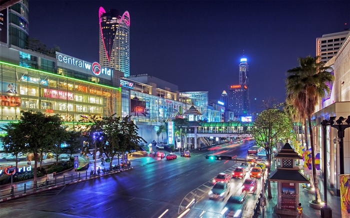 Bangkok, Thailand, Stadt Nacht, Straße, Häuser, Lichter Hintergrundbilder Bilder