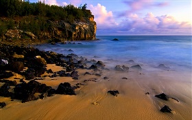 Strand, Küste, Steine, Sonnenuntergang, Meer HD Hintergrundbilder