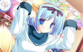 Blue hair Anime Mädchen im Shop HD Hintergrundbilder