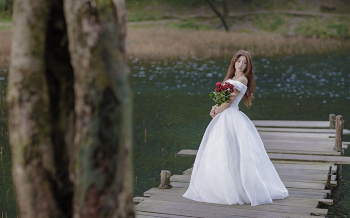 Asiatisches Mädchen, Braut, Brücke, Rose Hintergrundbilder Bilder