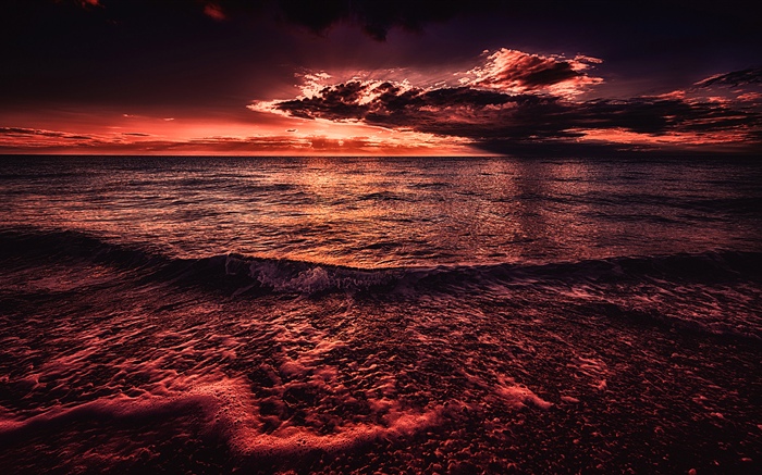 Meer, Sonnenuntergang, Abend, roter Stil Hintergrundbilder Bilder