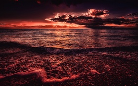 Meer, Sonnenuntergang, Abend, roter Stil HD Hintergrundbilder