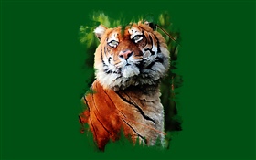 Kunstmalerei, Tiger, grüner Hintergrund HD Hintergrundbilder