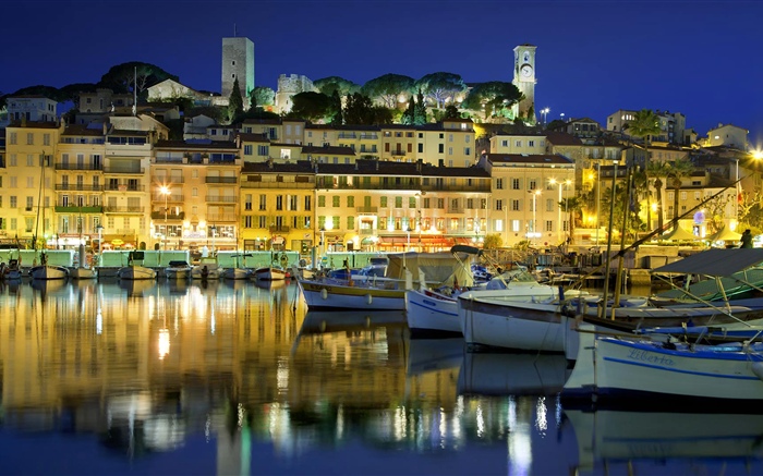 Frankreich, Cannes, Stadt, Häuser, Fluss, Boot, Lichter, Nacht Hintergrundbilder Bilder