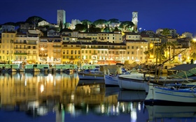 Frankreich, Cannes, Stadt, Häuser, Fluss, Boot, Lichter, Nacht HD Hintergrundbilder