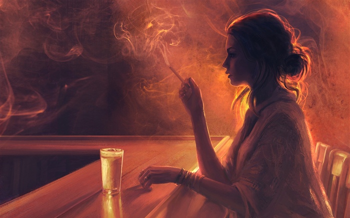 Mädchen in der Bar, Zigarette, Rauch Hintergrundbilder Bilder