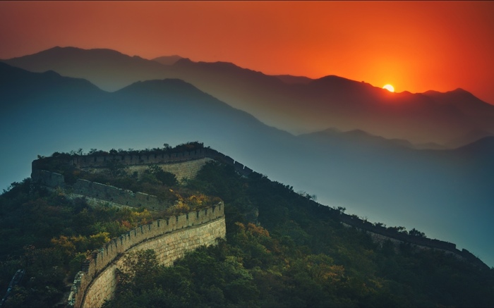 Chinesische Mauer, Berge, Sonnenuntergang, Dämmerung Hintergrundbilder Bilder
