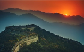 Chinesische Mauer, Berge, Sonnenuntergang, Dämmerung HD Hintergrundbilder