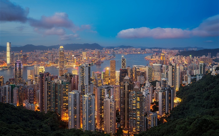Hong Kong, Nacht, Wolkenkratzer, Lichter Hintergrundbilder Bilder