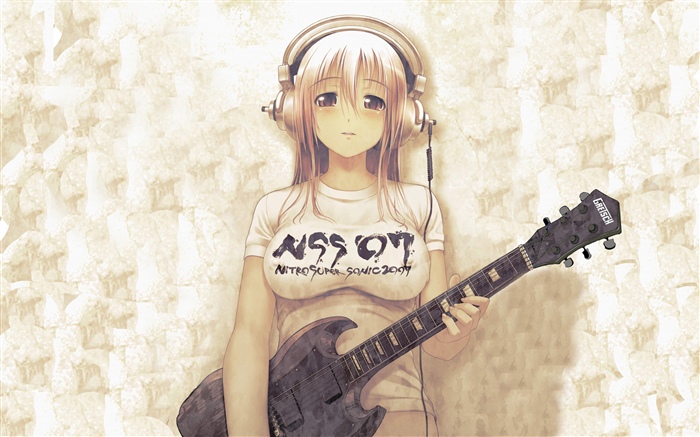 Anime Mädchen, Kopfhörer, Gitarre Hintergrundbilder Bilder