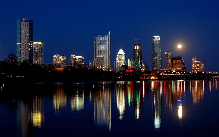 Austin, USA, Stadtnacht, Wolkenkratzer, Lichter, Fluss, Mond Hintergrundbilder Bilder