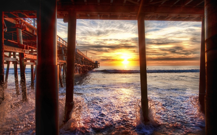 Strand, Meer, Pier, Sonnenuntergang, Kalifornien, USA Hintergrundbilder Bilder
