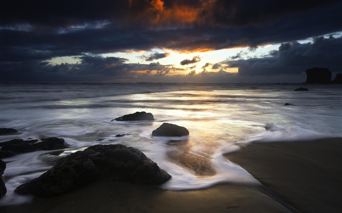 Strand, Steine, Meer, Wolken, Sonnenuntergang Hintergrundbilder Bilder