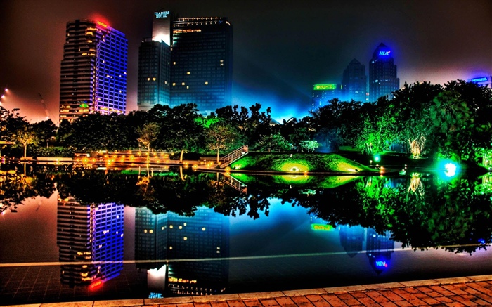 Schöne Nachtstadt, Gebäude, Teich, Lichter, Bäume, Park Hintergrundbilder Bilder