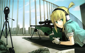 Blondes Anime Mädchen, grüne Augen, Scharfschütze