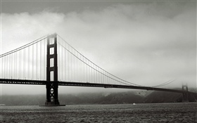 Brücke, Fluss, Schwarz-Weiß-Bild HD Hintergrundbilder