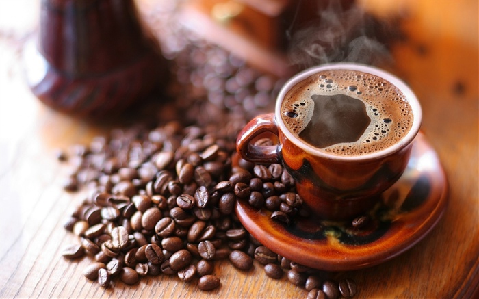 Kaffeebohnen, Tasse, Schaum, Dampf Hintergrundbilder Bilder