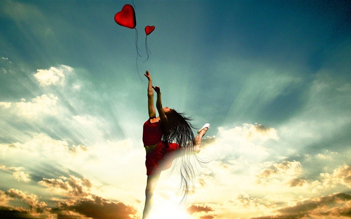 Tänzerin, roter Rock, Liebesherz, Wolken, Sonnenstrahlen Hintergrundbilder Bilder